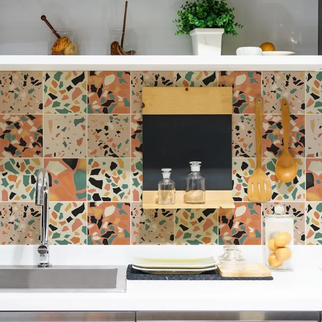 Ambiance Sticker Zelfklevende tegelmuurstickers voor keuken en badkamer - 9 ZUNILDA Terrazzo tegelstickers - 9 stickers 20x20cm Multi color