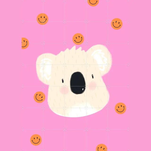 IXXI Smiley Koala, Stadse Spruiten | door Miek illustreert - 100 x 140 cm - Grote wanddecoratie en posters - Cartoonesk, Illustraties, Kleurrijk Roze