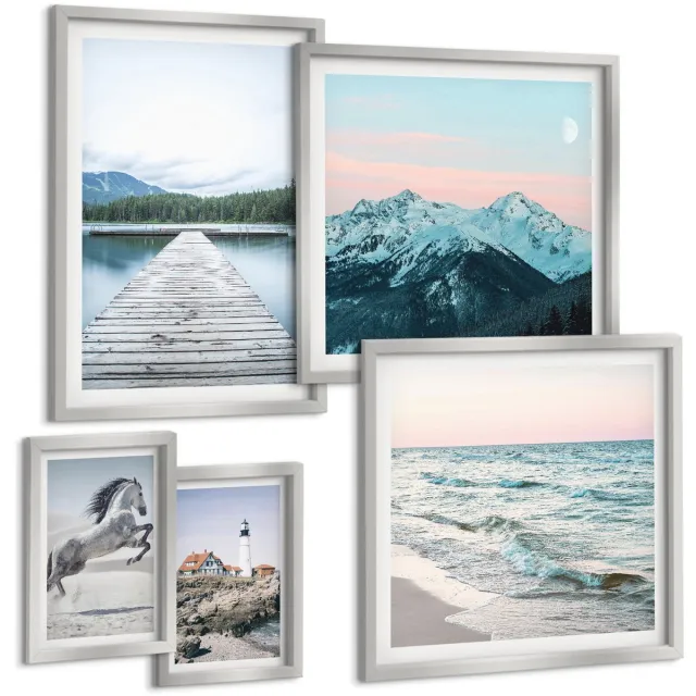 TULUP 4-Delige Schilderij Set - Natuur en landschap in een harmonieus geheel van decoraties - 50 x 50 cm, 20 x 30 cm en 40 x 60 cm - Moderne Wanddecoratie - Slaapkamer - Decoratieve Schilderijen Zilveren lijst