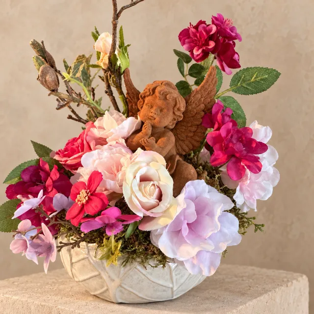 Seta Fiori Grafstuk Kunstbloemen Rood Roze 28 cm – Engel - Parelmoer schaal – Seta Fiori donker roze, parelmoer