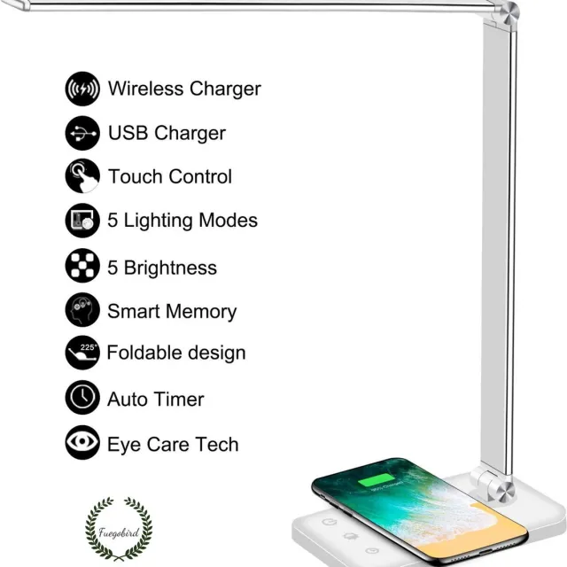 Fuegobird EK009 LED Bureaulamp – Bedrade – Qi Draadloos Opladen Voor Telefoon – Dimbaar – Timer - Opvouwbaar – Smart Touch – Wit