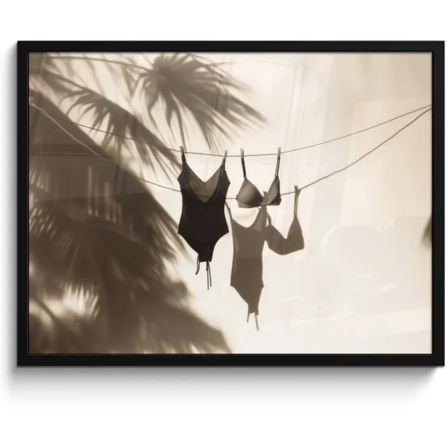 FrameYourWall Poster in lijst - Fotolijst 70x50 cm - Posters - Badkleding - Palmbomen - Schaduw - Tropisch - Posterlijst zwart - Decoratie - Wanddecoratie woonkamer - Muurdecoratie slaapkamer Badkleding - Waslijn - Tropisch