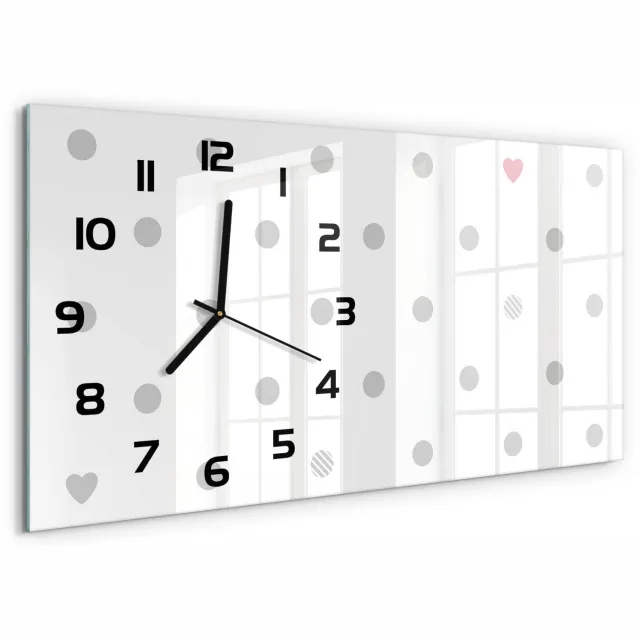 TULUP Wandklok - Stippen en harten Wandklok Glas Decoratie - 60x30 cm - Grijs Gekleurde Glazen Klok - Zwarte handen - Rechthoekige Klok - Klok Glas Met Opdruk - Moderne Wandklok Glas