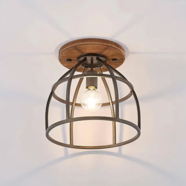 Lindby plafondlamp hout - 1licht - Metaal, hout - H: 33.4 cm - E27 - zwart, bruin