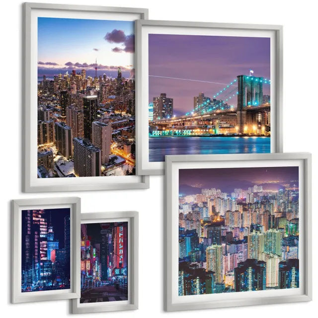 TULUP 4-Delige Schilderij Set - Moderne stadsgezichten 's nachts met neonlichten en wolkenkrabbers - 50 x 50 cm, 20 x 30 cm en 40 x 60 cm - Wanddecoratie - Muurdecoratie - Moderne Interieurdecoratie - Decoratieve Schilderijen Zilveren lijst