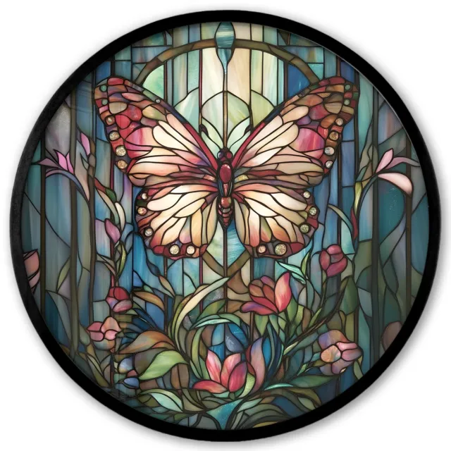 FrameYourWall Poster in lijst Rond - Fotolijst 40x40 cm - Posters - Vlinder - Roze - Bloemen - Bladeren - Ronde posterlijst zwart - Decoratie - Wanddecoratie woonkamer - Muurdecoratie slaapkamer Vlinder - Mozaïek