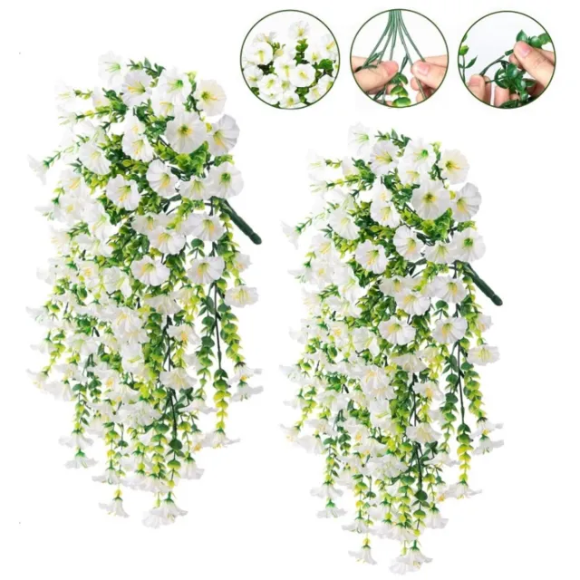Bwecuy 2 stuks Kunstmatige Hangbloemen, UV‑Bestendige Kunstbloemen met Eucalyptusbladeren, Realistische Zijde Hangplanten voor Buiten en Binnen, Tuin‑, Balkon‑ en Verandadecors wit