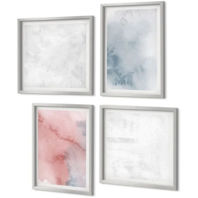 Coloray 4-Delige Schilderij Set - Pastelkleurige aquarelverf op canvas met kleurrijke texturen - 40 x 40 cm en 40 x 60 cm - Decoratieve Muurdecoratie - Slaapkamer - Stijlvolle Muurdecoratie Zilveren lijst
