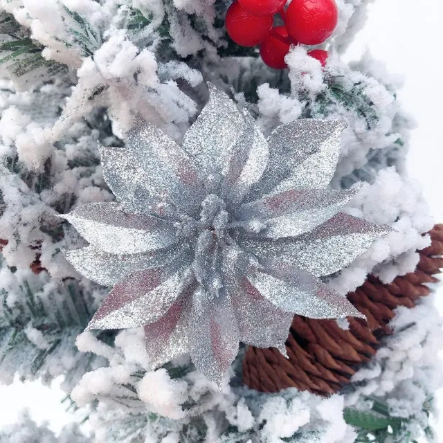 Gotrays 10 kunstmatige dubbele laag goud stof kerstbloemen, kerst roze bloemen kunstmatige glitter, roze kerstboom decoraties kerst Home voordeur decoratieve bloemen accessoires Zilver