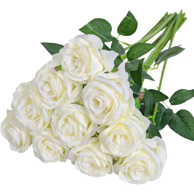 Famanu Kunstmatige Zijde Roos Bloem Enkele Stam Levensechte Roos voor Bruiloft Boeket Bloemenarrangementen Huis Feest Bloemstuk Decoratie 10 stuks Gebroken Wit