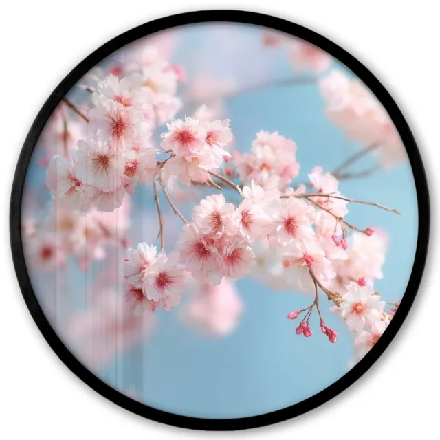 FrameYourWall Poster in lijst Rond - Fotolijst 40x40 cm - Posters - Takken - Bloesems - Roze - Ronde posterlijst zwart - Decoratie - Wanddecoratie woonkamer - Muurdecoratie slaapkamer