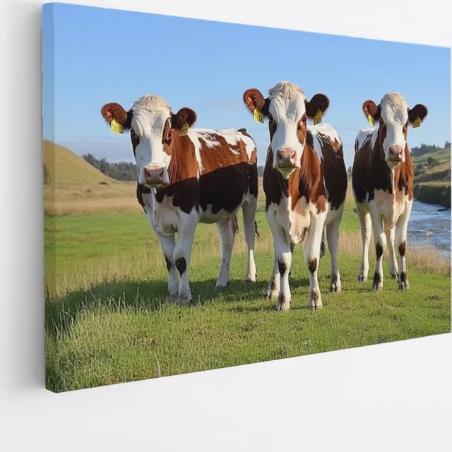 Saammp Canvas Schilderij - bruin witte koeien - Dieren - Natuur - 100x75 - Foto op canvas - Wanddecoratie - Muurdecoratie Woonkamer - Slaapkamer decoratie - Canvas Print Multicolor