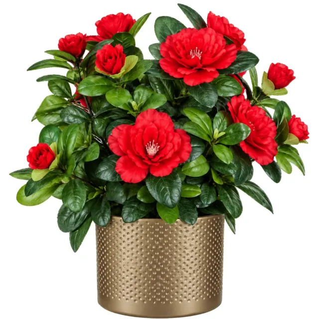 Mica Decorations Kunstplant - Azalea rood - H27 cm - in gouden bloempot - keramiek - complete set van pot en plant - decoratie stuk Goudkleurig