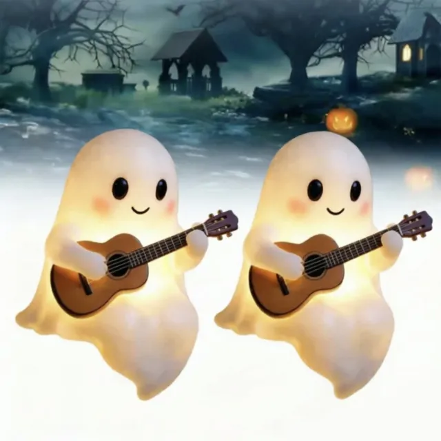 Oemmn Spook Nachtlampje met Gitaar - USB LED Sfeerlamp - Schattig Spook Beeldje voor Halloween Decoratie - Tafellamp voor Slaapkamer - Cadeau voor Muziekliefhebbers(2 Stuks) Wit：2 stuks