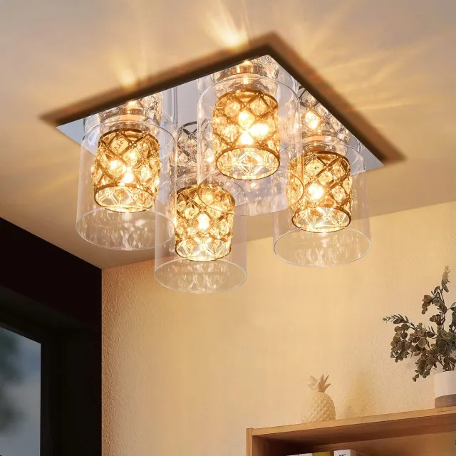 NETTLIFE Plafondlamp G9 - Kristal - 4-Lichts - Moderne slaapkamerlamp - met glazen kap - voor Woonkamer | Keuken | Gang - Max.25W-excl. lichtbron zilver
