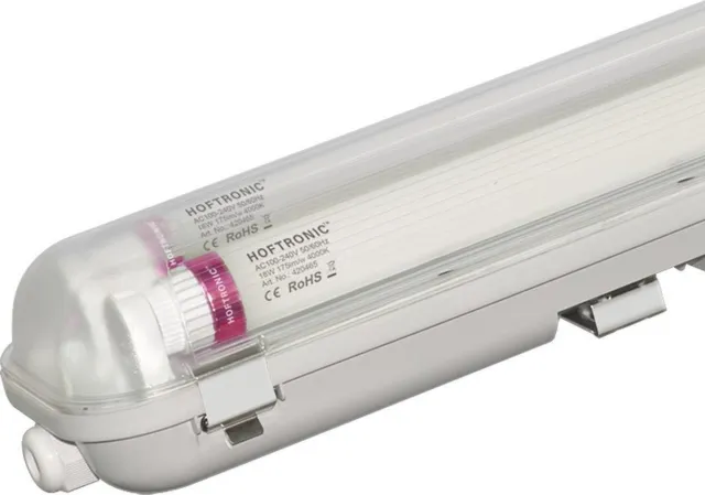 HOFTRONIC Dubbel LED TL Armatuur 150cm - IP65 Waterdicht - Flikkervrij - koppelbaar - 4000K Neutraal wit licht - 60W 10500lm (175lm/W) - Vervangt 260 Watt - T8 (G13) fitting - incl 2 LED buizen Transparant