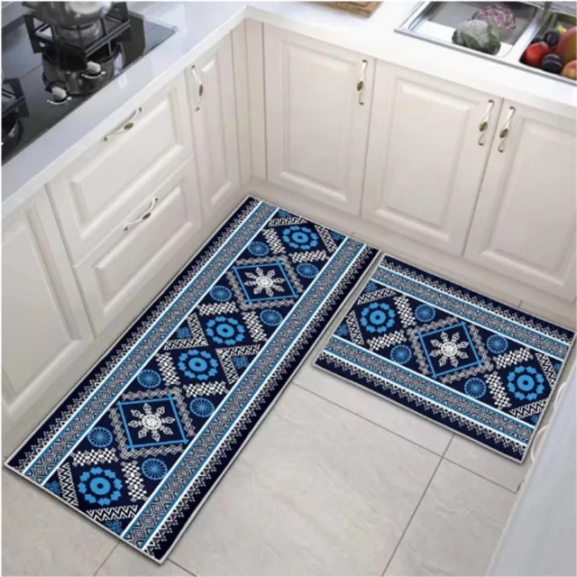 JEFFEL Keukentapijt, loper, keukenloper, 2 stuks, keukenloper, wasbaar, antislip, keukenmat, stofdicht, deurmat voor binnen, anti-vermoeidheid (J, 43x75 + 43x150 cm) BLAUW