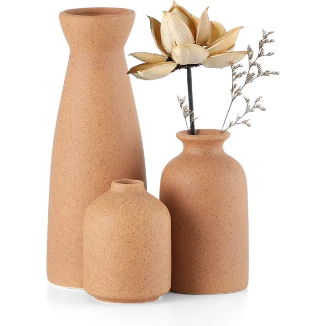 PolkaHome Braun keramische vazen, set van 3 kleine bloemenvazen voor decoratie, moderne rustieke boerderij, huisdecoratie, decoratieve vazen voor pampasgras, gras en gedroogde bloemen, ideeënrek, entree, distressed Bruin