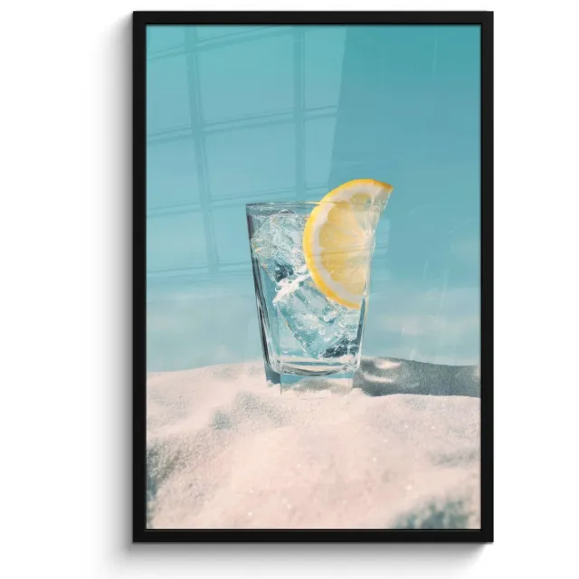 FrameYourWall Poster in lijst - Fotolijst 60x90 cm - Posters - Glas - ijsblokjes - Citroen - Posterlijst zwart - Decoratie - Wanddecoratie woonkamer - Muurdecoratie slaapkamer