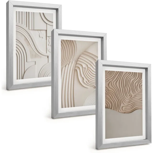 TULUP 4-Delige Schilderij Set - Abstracte patronen in beige en witte tinten. - 20 x 30 cm - Stijlvolle Wanddecoratie - Interieur - Interieur Decoratie Zilveren lijst