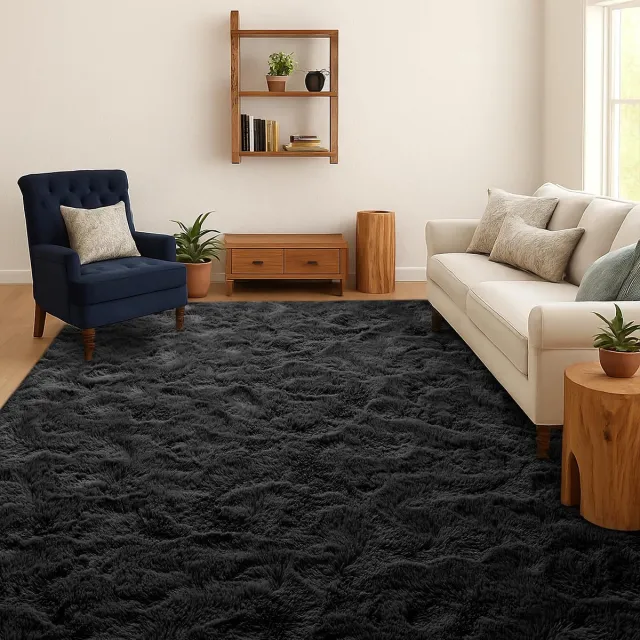 Famanu Hoogpolig shaggy vloerkleed, wasbaar en antislip, 90x150 cm, zwart