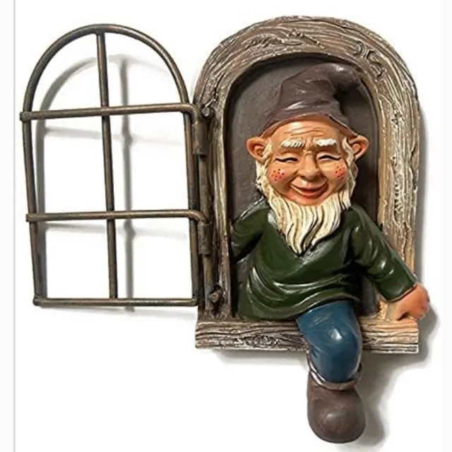 Tovbmup Tuinkabouter - 3D beeldje - Charmante tuinkabouter - met witte baard - geschikt voor in de tuin - ophangbaar standbeeld van duurzame designerhars - 14,5x15x8cm grijs