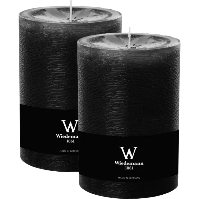 Wiedemann Cilinderkaars/stompkaars - 2x - groot model - rustieke kaars - zwart - 10 x 14 cm - 100 branduren