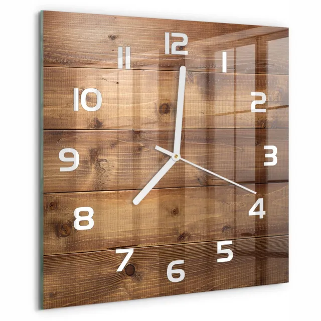 TULUP Wandklok - Houten achtergrond Wandklok Glas Decoratie - 30x30 cm - Bruin Gekleurde Glazen Klok - Witte handen - Vierkante Klok - Klok Glas Met Opdruk - Moderne Wandklok Glas