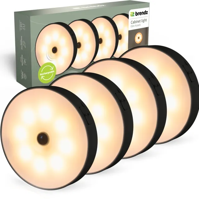 Brendz LED ronde Kastverlichting met Bewegingssensor, USB-C Oplaadbaar, Magnetisch, 4 stuks, Warm wit 3000K, Trapverlichting draadloos, Nachtlampje, zwart Zwart Sensor