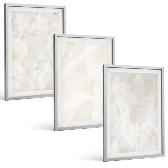 Coloray 3-Delige Schilderij Set - Pastelkleurige Stenen Structuren Van Wit Marmer - 40 x 60 cm - Muurdecoratie - Decoratieve Schilderijen - Wohnzimmer - Moderne Wanddecoratie Zilveren lijst