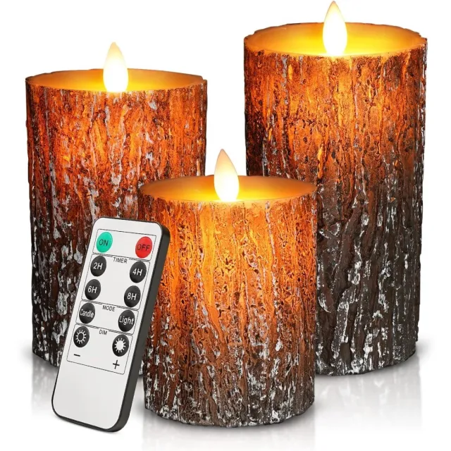 longziming Flammenlose LED Kaars - Elektrische Stompkaars - Decoratieve Kaarsen - Instelbare Timer - Afstandsbediening Met Dimmer - Echt Was Met Berkenbast Look - Sfeervolle Verlichting Voor Woonkamer - 3 Stuks Ivoorkleurig