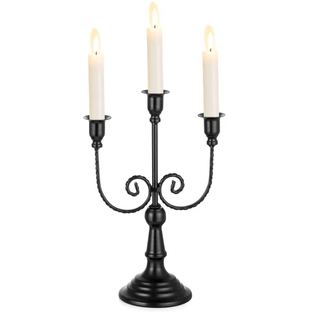 Famanu 3-armige kandelaar voor staafkaarsen, vintage decoratieve kaarsenstandaard van metaal, 29,5 cm hoog, ideaal voor Halloween en woonkamer decoratie (zwart