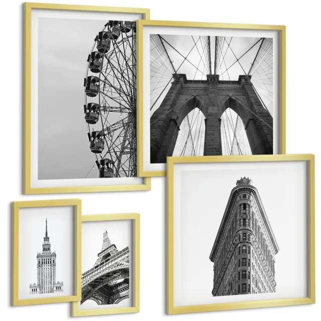 TULUP 5-Delige Schilderij Set - Architectuur van de wereldmetropolen in zwart-wit - 50 x 50 cm, 20 x 30 cm en 40 x 60 cm - Wanddecoratie - Schilderijen Set - Kantoor - Woonkamer Decoratie Gouden lijst