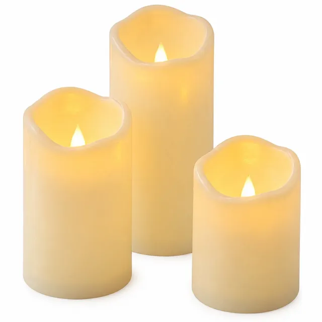 SWGOTA led kaarsen, set van 3 met bewegende vlam en afstandsbediening, kunststof met schuine bovenrand, diameter 7,5 cm, hoogtes 10/12,5/15 cm Crème