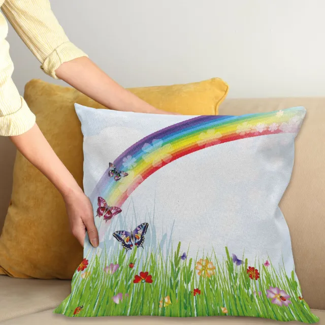 ABAKUHAUS Regenboog Sierkussenhoes, Springtime Meadow Kleurrijk Vlinders Grass Daisy Silhouetten Playroom Ontwerp, Decoratieve Vierkante Sierkussenhoes, 50 x 50 cm, Groen Rood
