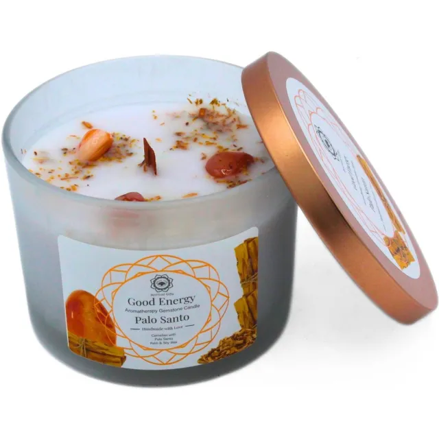 Green Tree Edelsteenkaars - Aromatherapie - Geurkaars - Good Energy - Palo Santo - met edelstenen - 256g Carneool