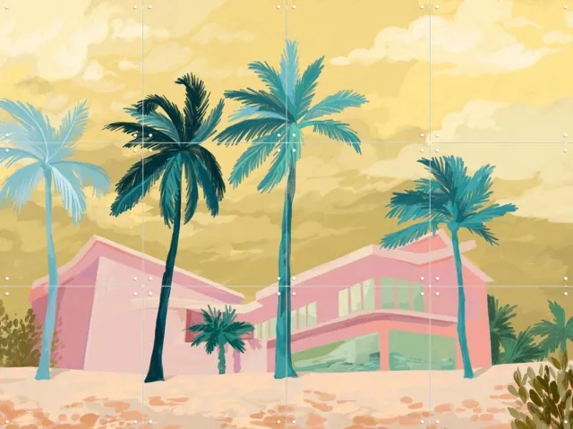 IXXI The Pink Beachhouse, Goed Blauw - 80 x 60 cm - Grote wanddecoratie en posters - Speels, Illustraties, Digitale Kunst, Woonkamer, Gebouwen Roze