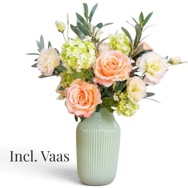 BLOOM & VESSEL Zijden Rozenboeket met Vaas – 60 cm – Boeket Morganite – Perzik Rozen – Kunstbloemen – Nepbloemen Roze, Oranje, Groen