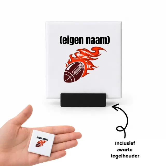 Hacebo rugbybal vuur met eigen naam tegeltje met tegelhouder - Rugby - atleten - tegeltjes met tekst - iemand die houdt van rugby - verjaardag - cadeau - kado - spreuktegels - 4.8x4.8 CM Wit