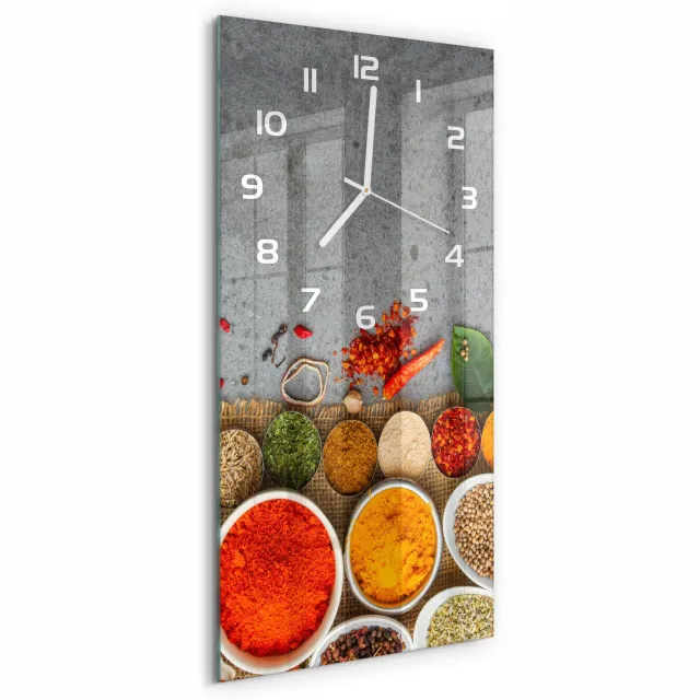 TULUP Wandklok - Kleurrijke specerijen Glazen Klok Met Print - 30x60 cm - Veelkleurig Wandklok Glas Met Motief - Witte handen - Rechthoekige Klok - Wandklok Glas Decoratie - Gekleurde Glazen Klok