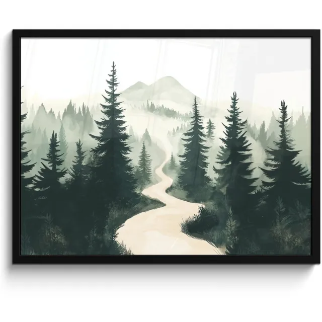 FrameYourWall Poster in lijst - Fotolijst 70x50 cm - Posters - Pad - Bomen - Bos - Illustratie - Posterlijst zwart - Decoratie - Wanddecoratie woonkamer - Muurdecoratie slaapkamer