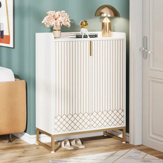 DHN Witte schoenenkast met deuren - 5-laags Schoenenrek - Moderne schoenenkast - Wit met Goud - Houten Opbergkast - Woonkamer kast Wit - Goud