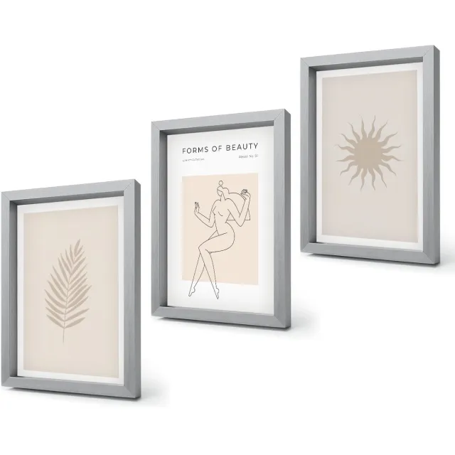 Coloray 4-Delige Schilderij Set - Een verzameling minimalistische vormen en natuurlijke figuren - 20 x 30 cm - Wanddecoratie - Muurdecoratie - Woonkamer - Interieur Decoratie Zilveren lijst