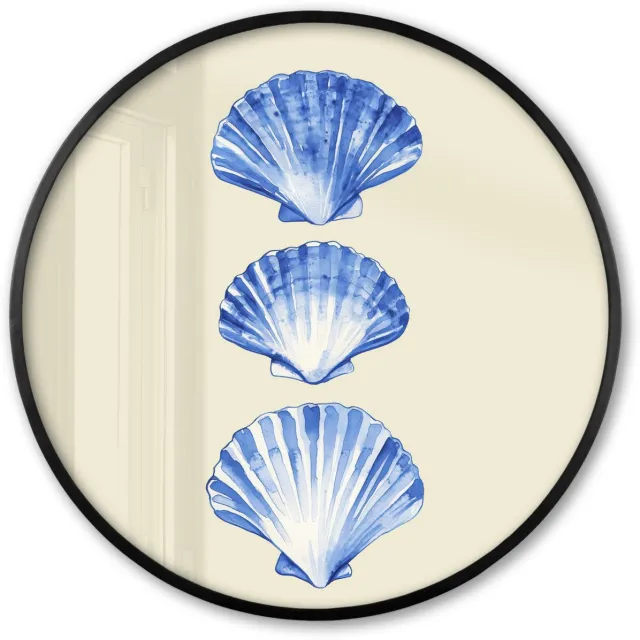 FrameYourWall Poster in lijst Rond - Fotolijst 80x80 cm - Posters - Schelpen - Blauw - Beige - Ronde posterlijst zwart - Decoratie - Wanddecoratie woonkamer - Muurdecoratie slaapkamer