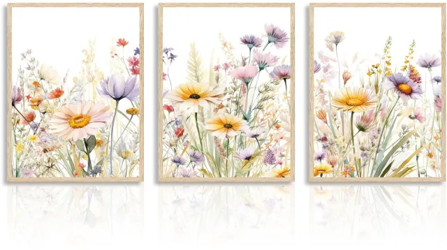 Ibenzoa Betoverende Bloemenpracht Wanddecoratie: Aquarel Canvas Afbeeldingen Set van 3 voor Stijlvolle Interieurs wit