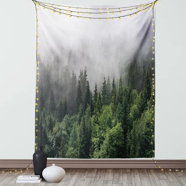 ABAKUHAUS Periwinkle Tapijt, Foggy Forest Wildlife, Woonkamer Slaapkamer Wanddoek Zijdezacht Satijn Wandtapijt, 150 x 200 cm, Vaag grijs en groen Lichtgrijs en groen