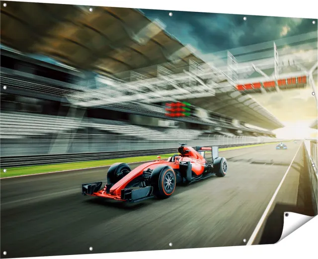Gards Tuinposter Formule 1 Auto bij de Finish in het Rood - 180x120 cm - Tuindoek - Tuindecoratie - Wanddecoratie buiten - Tuinschilderij Multikleur