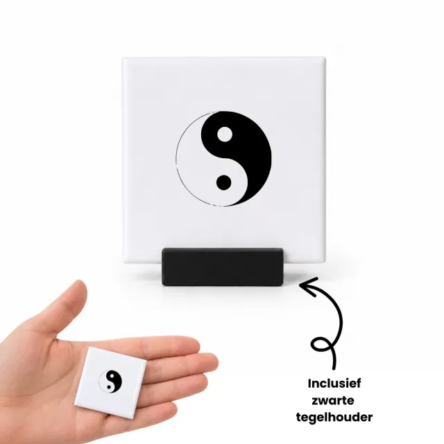 Hacebo Yin yang tegeltje met tegelhouder - Yin yang - yin yang accessoires - tegeltjes met tekst - Cadeau - mediteren - spreuktegels - 4.8x4.8 CM Wit