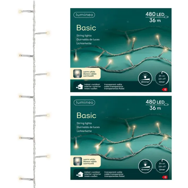 Lumineo Kerstverlichting - 2x - 480 leds -warm wit -3600 cm - transparent cable - timer en dimmer