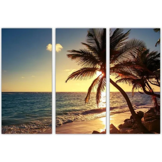 AREDE Set van 3 Wanddecoratie Schilderij Tropisch Strand Zonsopgang 90x60cm